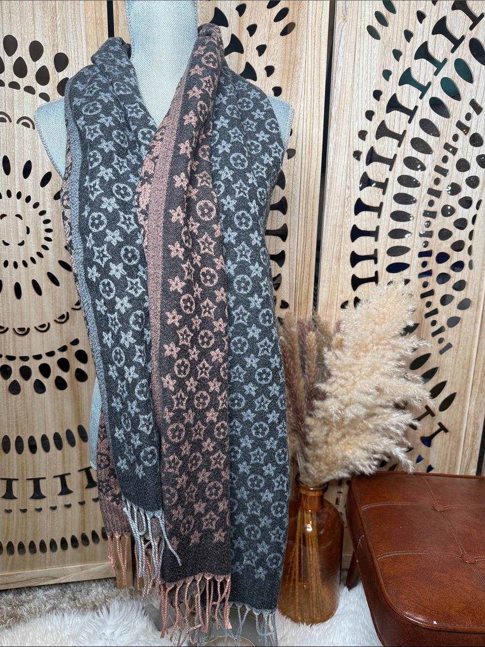 Source Unknown Two-Tone Monogram Fringe Scarf - Gray & Brown